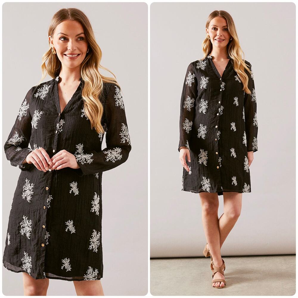 AREA STARS Sz M Cotten Blend Mandi Embroidered Long Sleeve Crinkle Shift Dress